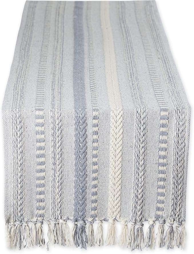 DII Farmhouse Braided Stripe Table Runner Collection, 15x72 (15x77, Fringe Included), Cool Gray