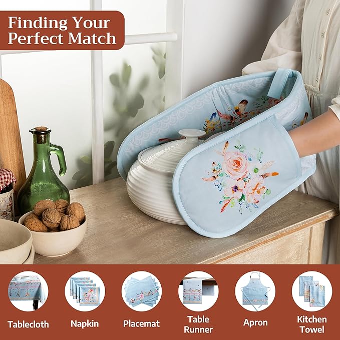 Maison d' Hermine Double Oven Mitts 100% Cotton 7"x35" Double Oven Mitt Heat Resistant BBQ Cooking Gloves with Loop Baking Grilling Gifts for Mothers Day Spring Summer (Ibiza - Blue)