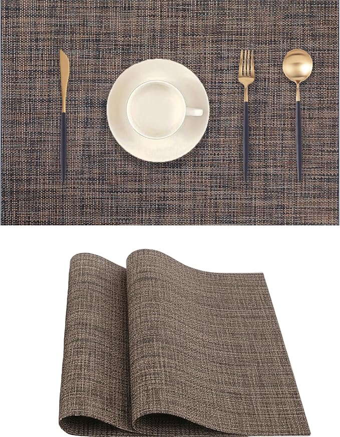 Brown Black Placemats Set of 2 - Heat Resistant Non-Slip Place mats for Dining Table, Washable Durable PVC Vinyl Woven Table Mats (Brown Black, 2)