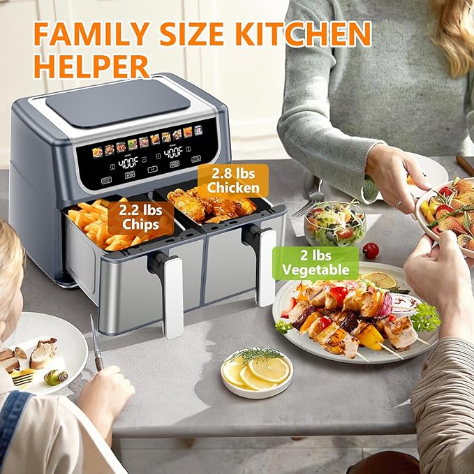 OLIXIS Dual Basket Air Fryer, 9.5 Quart Large Air Fryer with Double Basket, Independent TEMP Control, Sync Setting, Shake Reminder, 10 Presets for Bake, Broil, Defrost, Dehydrate, Grey