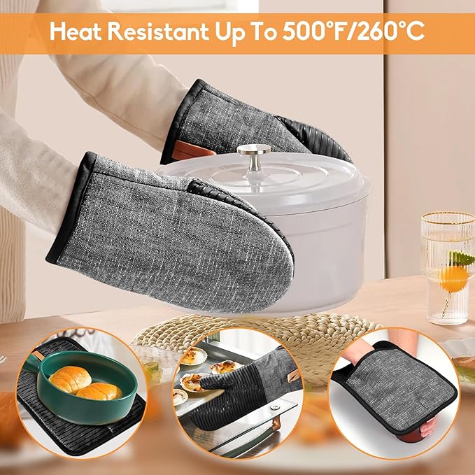 TIPTAP Kitchen Oven Mitts 4pcs Set- Non-Slip Cotton Oven Mitt & Pot Holders – Heat Resistant, Durable & Machine-Washable -One Long Mit, Two Mini Oven Mitts & One Pot Holder (Black)