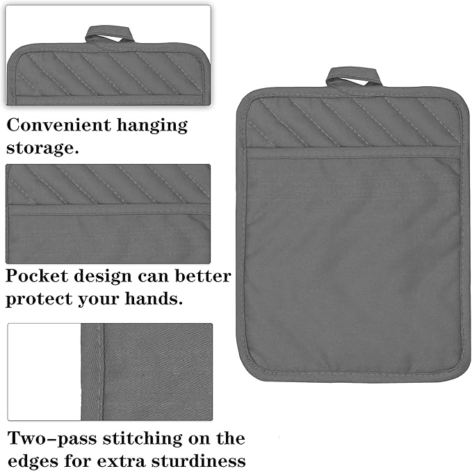 Oven Pot Holder with Pocket Cotton Heat Resistant Coaster Potholder Kitchen Hot Pad Oven Mitts for Cooking Square 7"x9" Set of 3 (Grey)