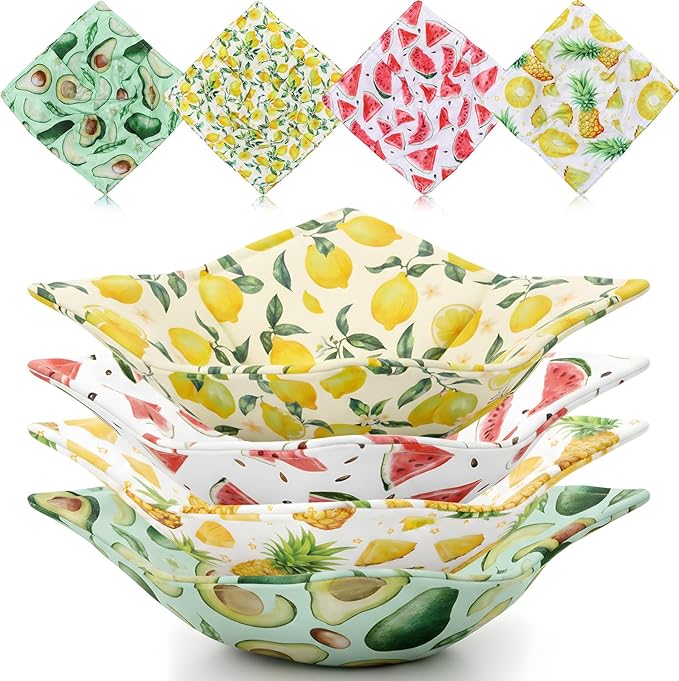 CHENGU 4 Pcs Fruit Cotton Microwave Bowl Cozy Holders for Hot Food Hot Pad Soup Bowl Potholder Heat Resistant Multipurpose Quilted Safe Holder for Kitchen Plate Supply Fruit Colors