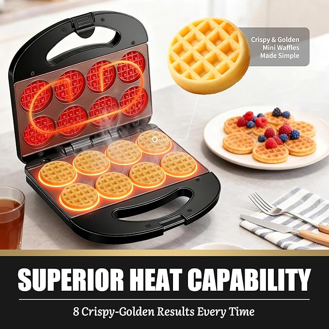 FineMade Mini Waffle Maker, Mini Waffle Iron, Waflera Electrica, Small Waffle Maker for Kids, Baby wafflera, Makes 8×2" Tiny Waffle Bites, Non-stick Surface, Ideal for Breakfast, Dessert and Snacks