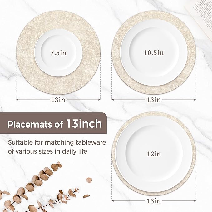 13" Round Placemats Set of 12, Reversible Faux Leather Heat Resistant Table Mats, 100% Waterproof Oilproof Wipeable Table Protective Placemats for Vinyl, Washable for Indoor (12, Beige)