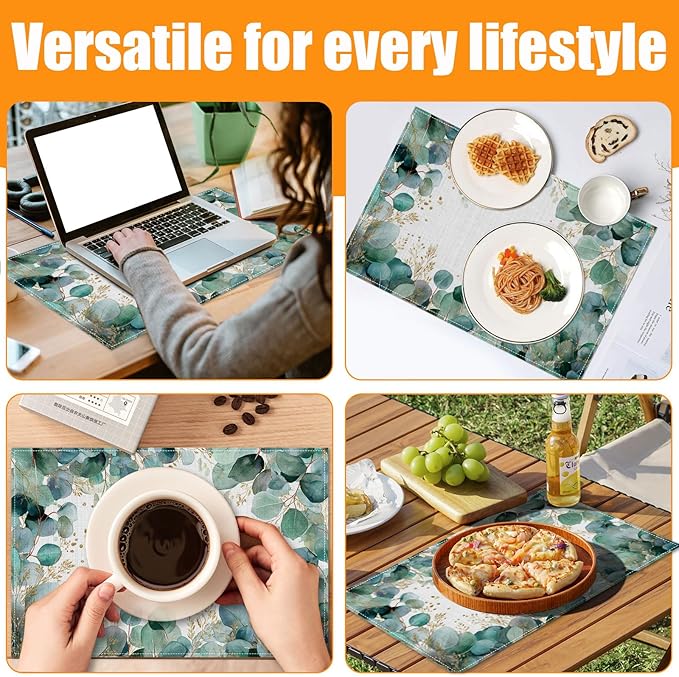 Eucalyptus Leaves Green Gold Placemats Set of 6,12 x 18 Inch Table Mats Washable Heat Resistant Linen Fabric Rectangle Place Mat for Party Home Kitchen Dining