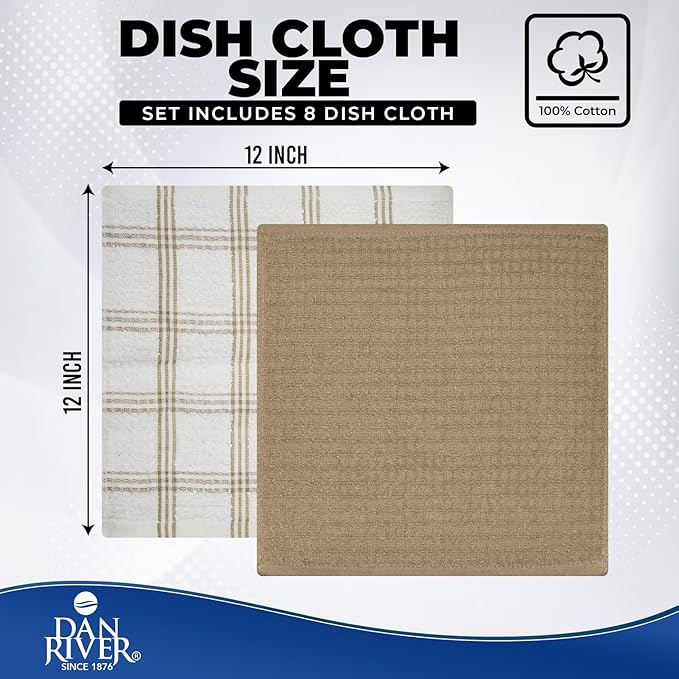 DAN RIVER Premium Dish Cloth 100% Cotton 12 X 12 Inches |Pack of 8|-Ultra Soft Tea Towels-Highly Absorbent Kitchen Rags-Terry Dishcloth for Kitchen and Household Cleaning |Tan|