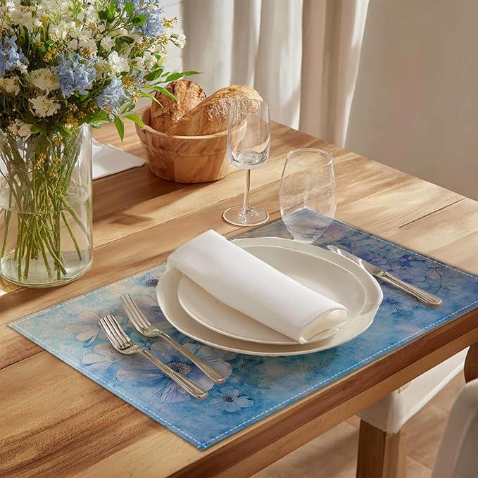 HOMETITUTE Linen Placemats Set of 4 12x18 inch Spring Table Mats for Dining Table Blue Floral Farmhouse Decorations Kitchen Decor Desk Mat for Outdoor Home Party Kitchen Seasonal Dining Decor