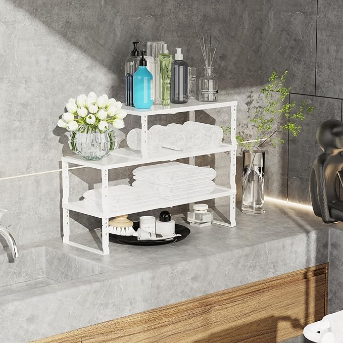 Jojocross Expandable Stackable Spice Rack Organizer for Kitchen Cabinet,Adjustable Counter Shelf, countertop, Pantry,Cupboard,Bathroom,Bedroom(3Packs/White/Medium)