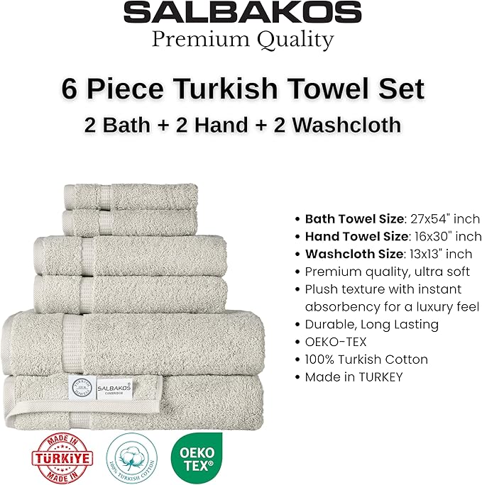 SALBAKOS 100% Turkish Cotton Towel Set of 6 Piece Stone | Premium Quality Hotel & Spa Collection 2 Washcloth, 2 Hand, 2 Bath Towel Sets for Bathroom | Made in Turkey (Stone, 6 Piece Towel Set)