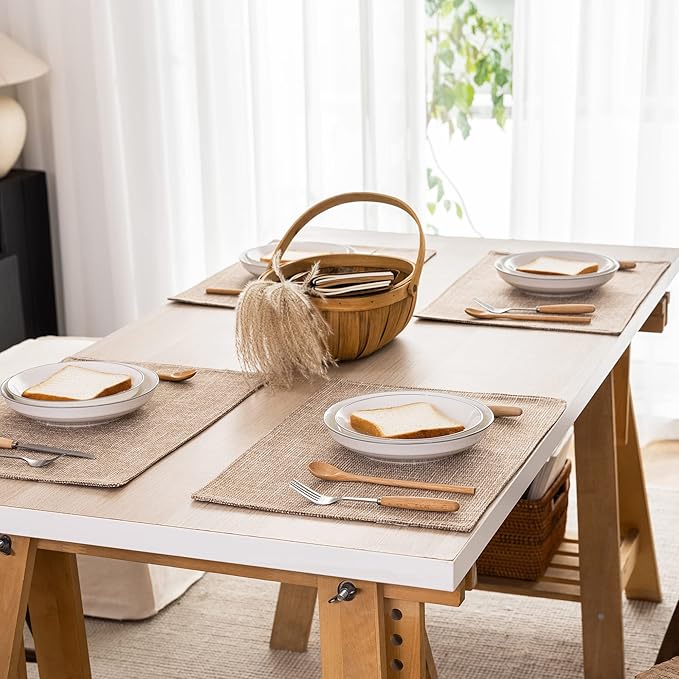 Kevin Textile Burlap Linen Placemats Set of 6 Heat Resistant Dining Table Place Mats Washable Kitchen Table Mats for Dinning Party Holiday Indoor Outdoor, 13 x19 inches, Natural Linen