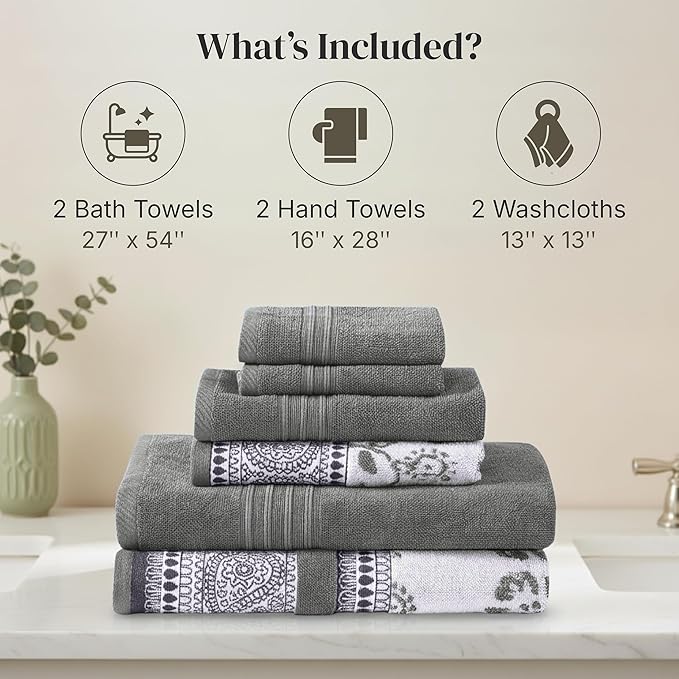 Modern Threads Floral Trail 6-Piece 100% Cotton Towel Set – Reversible Yarn Dyed Jacquard – Includes 2 Bath Towels, 2 Hand Towels, 2 Washcloths – Absorbent, Quick Dry, Soft & Durable – Gray