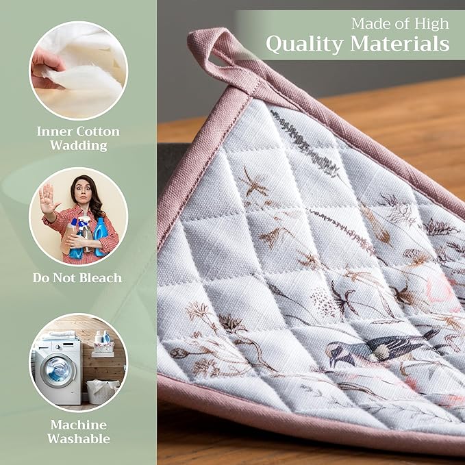 Maison d' Hermine Pot Holders 100% Cotton Heat Resistant Potholders 8" x 8" Hot Pads with Loop Baking Gifts for Mothers Day Handling Hot Pans Spring/Summer (Pack of 2, Meadow Florals - Brown)
