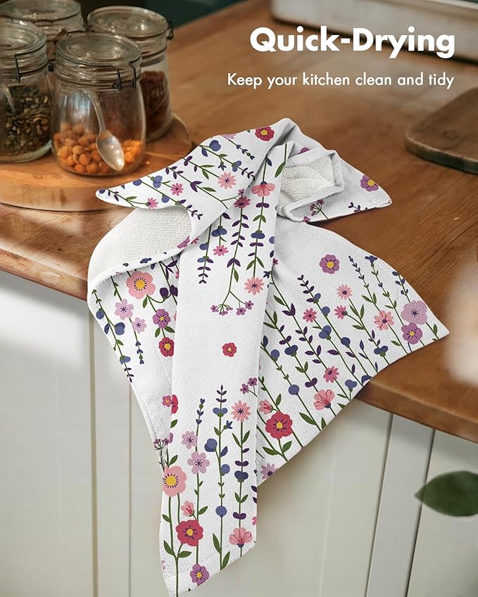 Miss Adola Cotton Kitchen Towels Set of 2 - Cute Design 16×26 Inch Dish Towels for Kitchen with Hanging Loop Purple Flower Quick Dry Hand Towels Soft & Absorbent, Terry Cloth Decorative Tea Towels