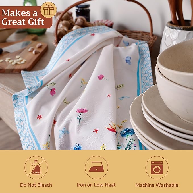 Maison d' Hermine Kitchen Towels Set of 3 100% Cotton 27.50" x 20" Reusable Cloth Tea Dish Towels Absorbent with Hanging Loop for Kitchen Gifts for Mothers Day Spring/Summer (Flower in The Field)