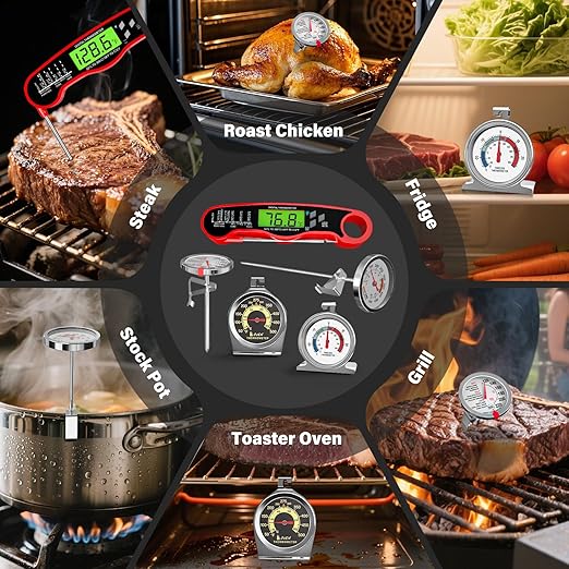 AWLKIM 5 Pack Professional Kitchen Food Thermometer Set – Includes Instant Read Digital Meat Thermometer, Oven-Safe, Ambient Oven Monitoring, Fridge & Candy/Deep Fry for Cooking, BBQ, Baking