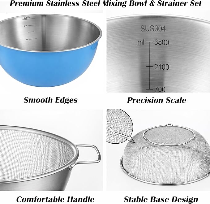 Stainless Steel Mixing Bowl and Colander Set, 3.5 Qt Rice Washer Strainer Bowl, 12"Fine Mesh Strainer with Handle for Rice, Cooked Pasta, Fruits,Versatile Kitchen Draining Set (Blue)