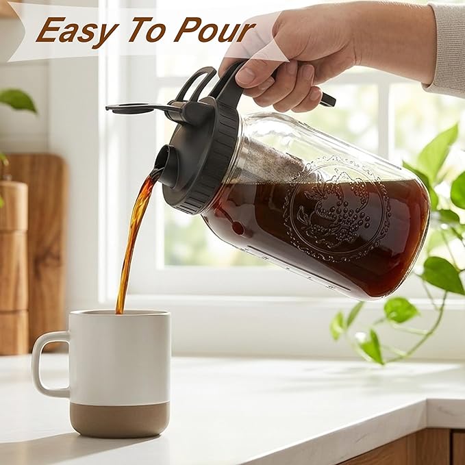 Cold Brew Coffee Maker 32 Oz Wide Mouth Mason Jar Pitcher With stainless steel Filter 1 Quart Airtight & Leak-Proof cold brew pitcher with pour spout lid and handle For iced Coffee Tea and lemonade