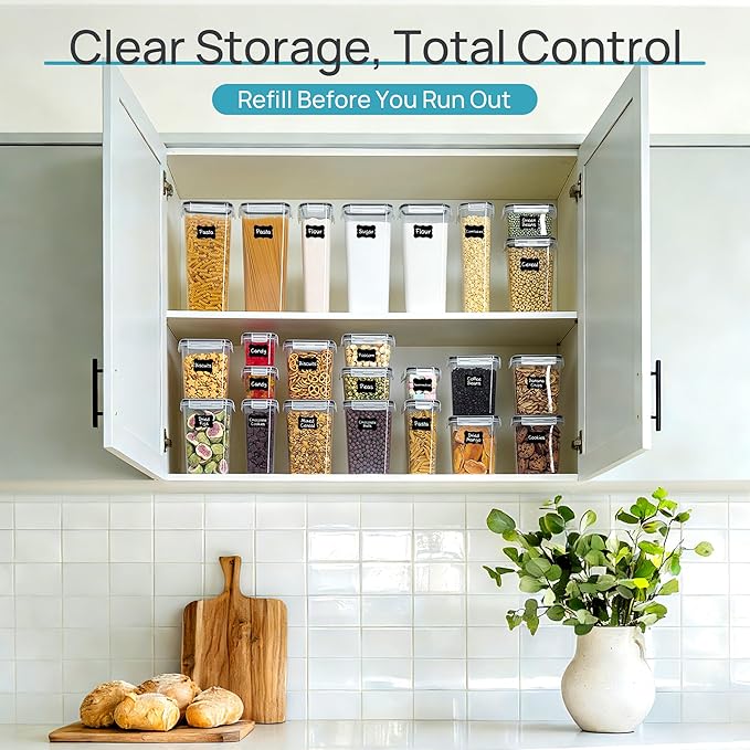 Airtight Food Storage Containers with Lids, Vtopmart 24 pcs Plastic Kitchen and Pantry Organization Canisters for Cereal, Dry Food, Flour and Sugar, BPA Free, Includes 24 Labels，Black