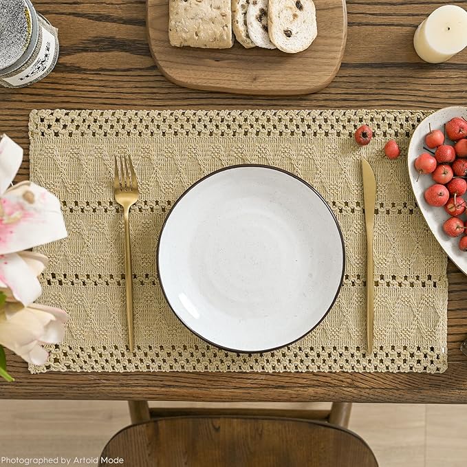 Artoid Mode Burlap Brown Farmhouse Woven Rustic Hollow Placemats Set of 4,12x18 Inch Seasonal Holiday Table Mats Party Kitchen Dining Decoration