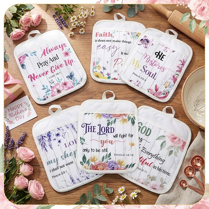 LemonRoad 12 Pcs Mother's Day Church Gifts Bulk Religious Christian Pot Holders with Pocket Mom Gifts Wildflowers Floral Gloves Pads Bible Verse Scripture Oven Mitts for Women Kitchen Baking Supplies