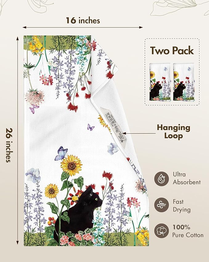 Miss Adola 2pcs Waffle Kitchen Towels - 16x26 Inch Cotton Waffle Weave Dish Cloths Set of 2 with Hanging Loop Absorbent Hand Tea Towels Cute Design for Housewarming Gift, Cat in Flowers