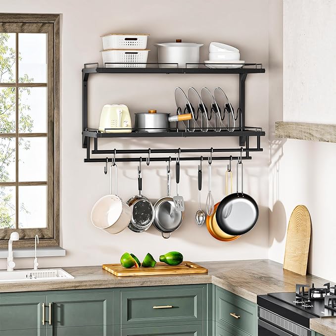 CHOEZON Pot Rack, Wall Mounted Pan Holder, 2-Tier Pot and Pan Organizer, Pot Hanger with 10 S-Shaped Hooks, Cookware Organizer with 5 Removable Metal Wire Dividers, Black TPR35BB