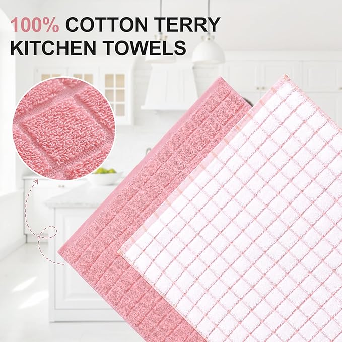 Homaxy Premium Cotton Kitchen Towels 16"x 28", Large Natural Ring Spun 390 GSM Dish Towels, Super Absorbent Terry Kitchen Hand Towels, Soft Tea Towels with Hanging Loop, Pink Check Design, 6 Pack