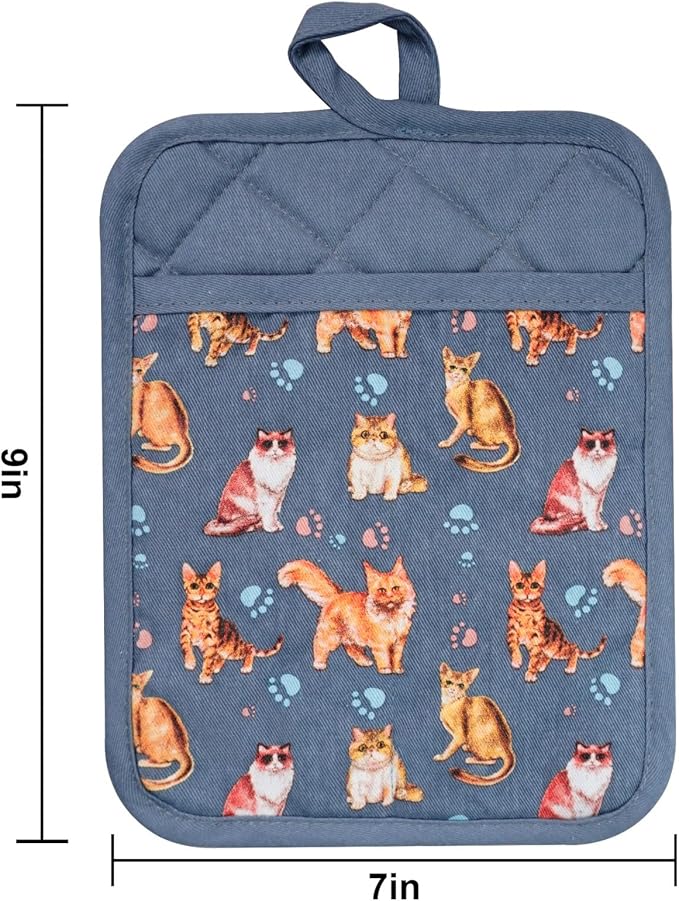 Pot Holders Set of 2 Heat Resistant 480 ℉Non Slip Clear Silicone Printed Comfortable Cotton Lining Kitchen Women Men Cooking Baking Microwave Machine Washable (Cat, Grey potholders)