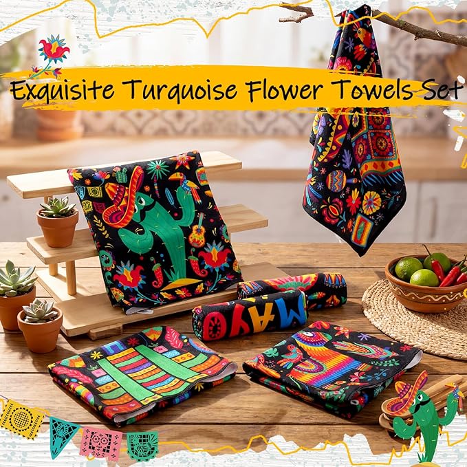 Breling Set of 6 Mexican Kitchen Towels Floral Dish Towel Cinco De Mayo Bathroom Decorative Rustic Cloths Tea Towels for Kitchen Bathroom Home Housewarming Gifts, 14 x 21 Inch