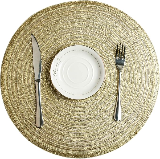 SHACOS Gold Glitter Round Placemats Set of 6 Bling Circle Place Mats Washable Table Mats for Christmas Holiday Party Wedding Shower Table Decor (6, Gold)