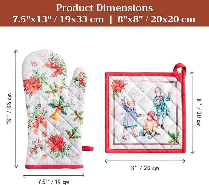 Maison d' Hermine 100% Cotton Oven Mitt & Pot Holder Set (7.5"x13" & 8"x8") Heat Resistant BBQ Cooking Gloves with Loop for Thanksgiving Christmas Decorations Handling Hot Pans (Chromo)