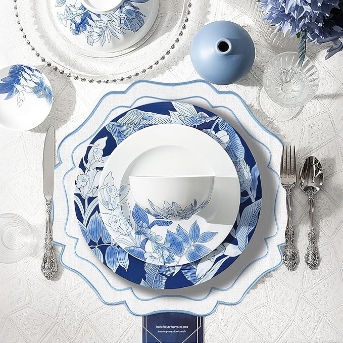 8 Sets Blue and White Ribbon Twirl Cotton Linen Placemats, 15 inch Embroidery Scalloped Round Cloth Table Mats Washable Fabric Place Mats Flower Shape for Wedding Baby Shower Banquet Party Table Deco