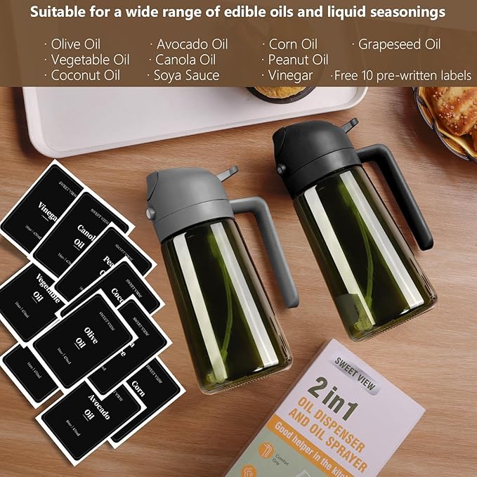 SWEET VIEW 2PCS Olive Oil Dispenser and Oil Sprayer – 16oz/470ml Glass Light-Proof Oil Pourer for Kitchen Air Fryer, Cooking, Salad, and BBQ, with Stickers