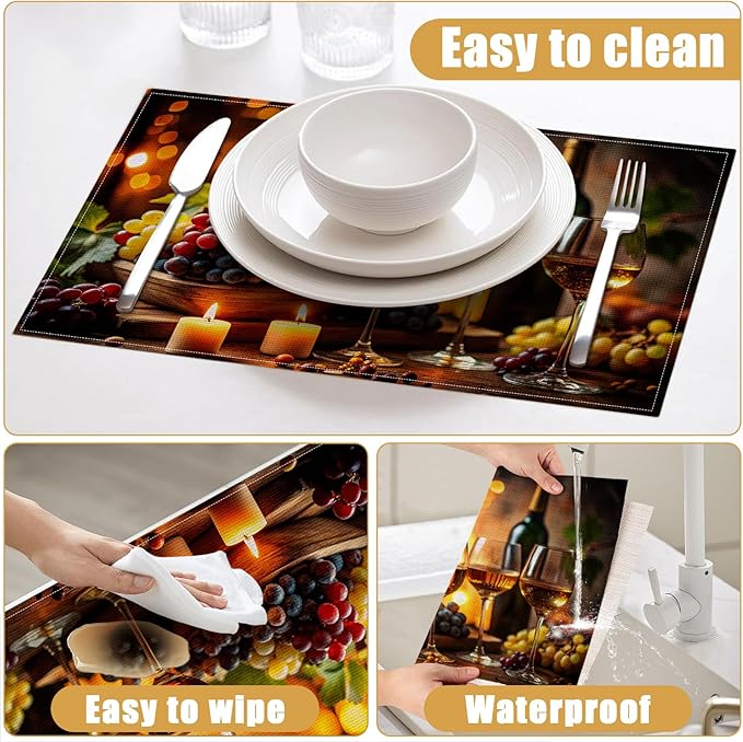 Wine Placemats Set of 6, Linen Place Mat Washable Stain Resistant Table Mats for Country Winery Artisanal Farmhouse Kitchen 12x18 Inch