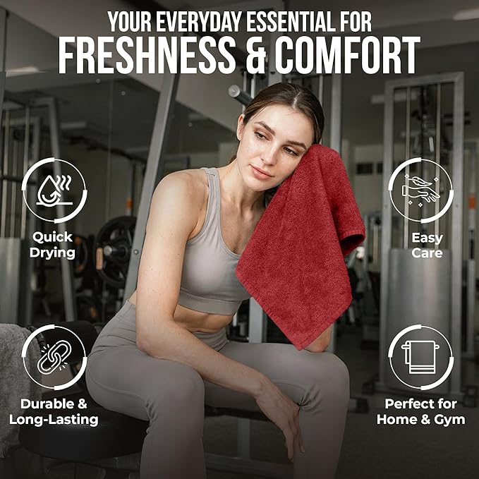 RIVERSIDE Pack of 12 Washcloths, 12 x 12 Inches, 100% Cotton, Premium Flannel Face Cloths, Highly Absorbent & Soft Feel Fingertip Towels (Classic Red, 12 Pack)