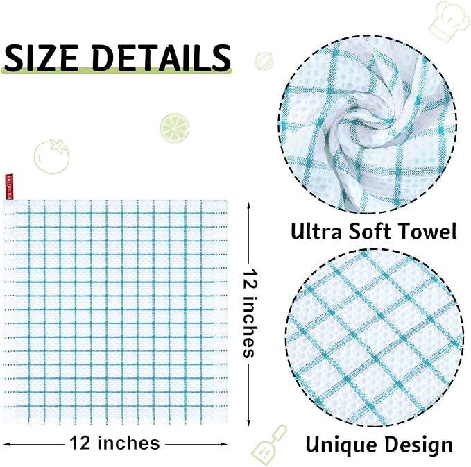 Homaxy 100% Cotton Dish Cloths, 8 Pack-12 X 12 Inches, Check Design Waffle Weave Dish Rags for Washing Dishes, Ultra Absorbent and Fast Drying Dishcloths, Teal