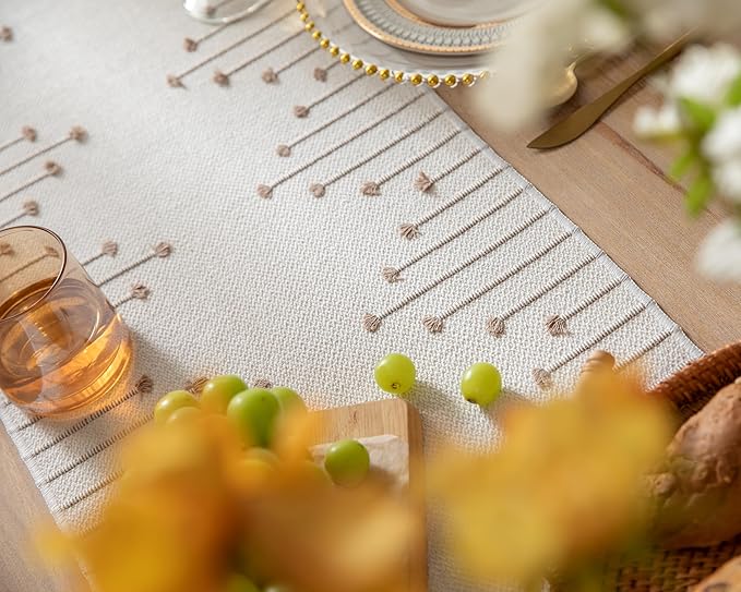 Boho Table Runner 13 x 72 Inch Long Natural Cotton Woven Runner with Tassels for Home Dining Table décor, for Modern Farmhouse Decor Coffee Table Runner, Taupe and Beige