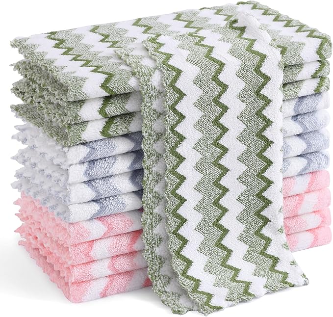 Homaxy 12 Pack Kitchen Dish Cloths, Ultra Soft and Absorbent Dish Towels, Reusable Fast Drying Microfiber Cleaning Cloth, Double Waves Coral Velvet No-lint, 10 x 10 inches, Blue/Green/Pink