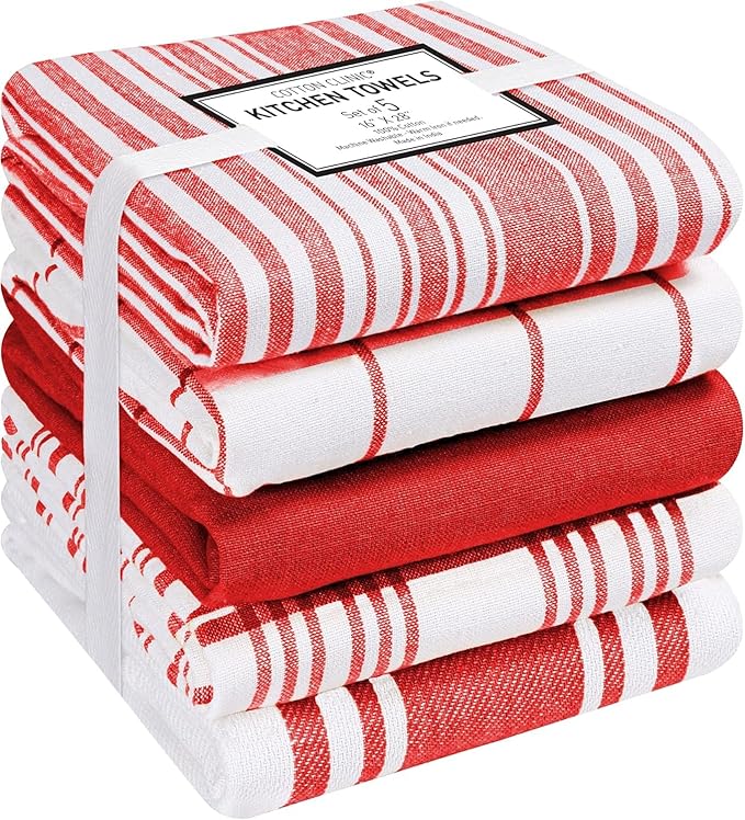 Cotton Clinic Assorted Kitchen Towels 5 Pack – Soft Absorbent Quick Drying Table & Kitchen Linen - Dish Towels, Dish Cloths, Tea Towel and Cleaning Towel with Hanging Loop – 16x28 / Red White