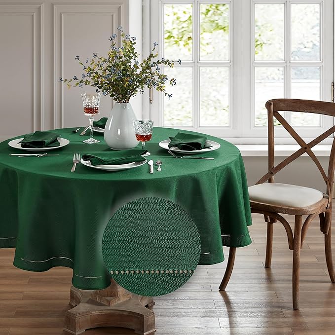 Elrene Home Fashions Alison Eyelet Border Design Wrinkle Resistant FabricTablecloth, 70"x70" Round, Forest