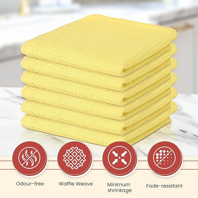 Vintage Vista 100% Cotton Waffle Dish Cloths (Pack of 6) - Dish Rags for Washing Dishes - Reusable & Highly Absorbent Kitchen Towels - Kitchen Rags fo Easter - (12" x 12" - Lemon Yellow)