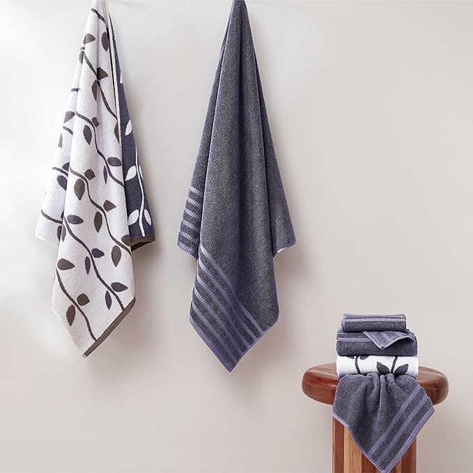 Modern Threads Natural Vine 6-Piece 100% Cotton Towel Set – Yarn Dyed Jacquard – Includes 2 Bath Towels, 2 Hand Towels, 2 Washcloths – Absorbent, Quick Dry, Soft & Durable – Purple