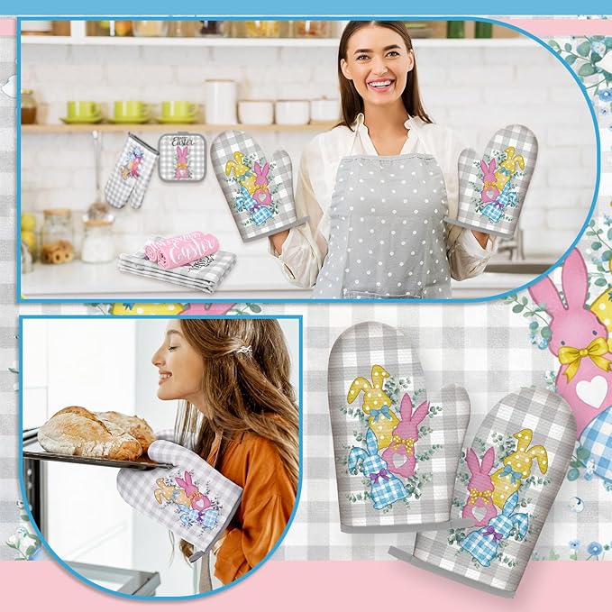 VitalCozy 10 Pcs Easter Bunny Kitchen Decor Set 4 Kitchen Towels 2 Pot Holders 2 Oven Mitts 2 Rugs for Gift Cooking Baking Grilling Housewarming