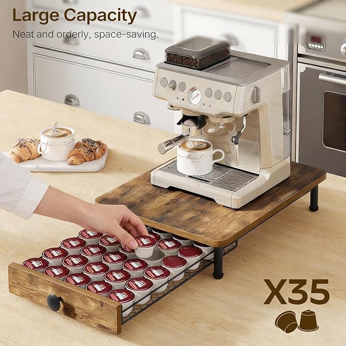 YATINEY Coffee Pod Drawer Holder, Coffee Pod Drawer for K Cup, 35 Capacity Coffee Capsules Storage Organizer, Sliding Mesh Basket, for Home Office, Kitchen, Rustic Brown KH08BRG1