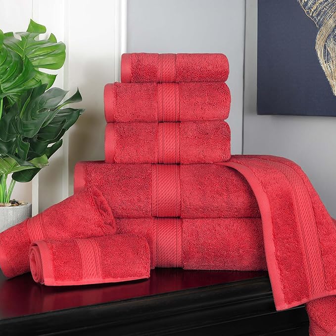 SUPERIOR Egyptian Cotton Pile 8 Piece Towel Set, Includes 2 Bath, 2 Hand, 4 Face Towels/Washcloths, Ultra Soft Luxury Towels, Thick Plush Essentials, Guest Bath, Spa, Hotel Bathroom, Red