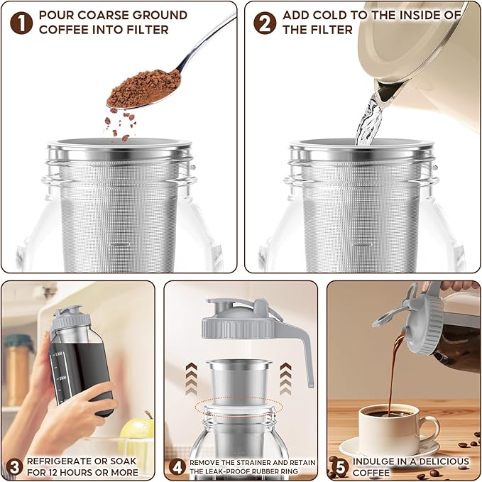 Cold Brew Coffee Maker Jar - 2 Pack 64 oz(2 Quart / 1.9 Liter) Glass Cold Brew Maker with Handle, Stainless Steel Filter&Leak-Proof Lid, Heavy Duty Cold Brew Pitcher for Iced Coffee, Sun Tea, and Milk