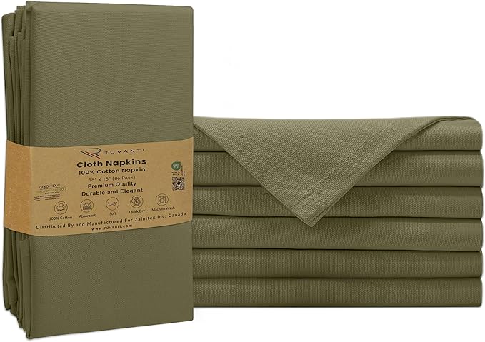 Ruvanti Cloth Napkins Set of 6, 100% Cotton High GSM 18x18 Inches Soft, Washable, Highly Durable & Absorbent, Perfect for Parties, Christmas, Thanksgiving Dinners – Capulet Olive