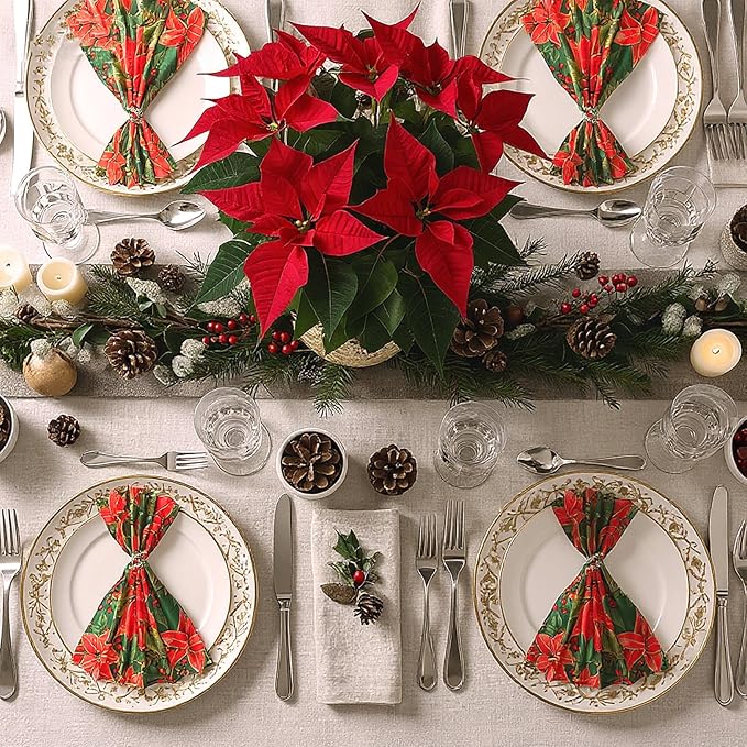 Qeeenar 12 Pcs Christmas Poinsettia Cloth Napkin 20 x 20 Inch Poinsettia Cloth Napkins Washable Dinner Guest Napkins for Christmas Holiday Xmas Thanksgiving Dinner Party Supplies, Set of 12