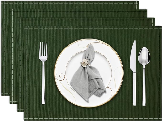 Niviy Dark Green Placemats Set of 4, 12x18 Inch Washable Easy to Clean Heat-Resistant Anti-Skid Grey Placemats for Holiday Party Kitchen Dining Room Decoration